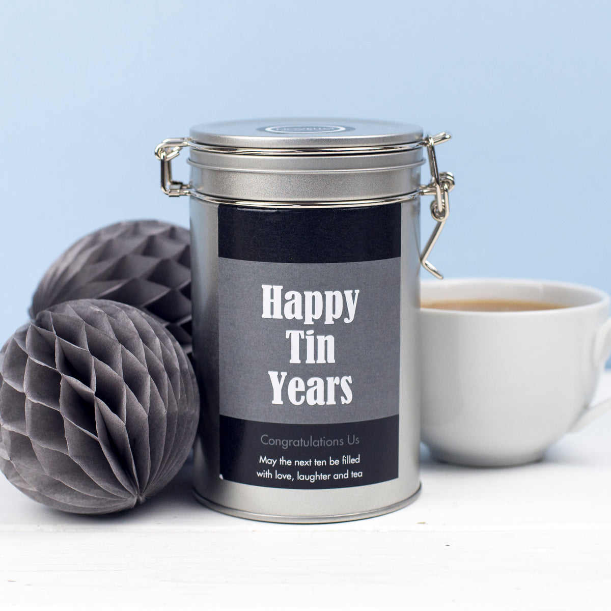 Personalised 10th Anniversary Tea Gift In Tin