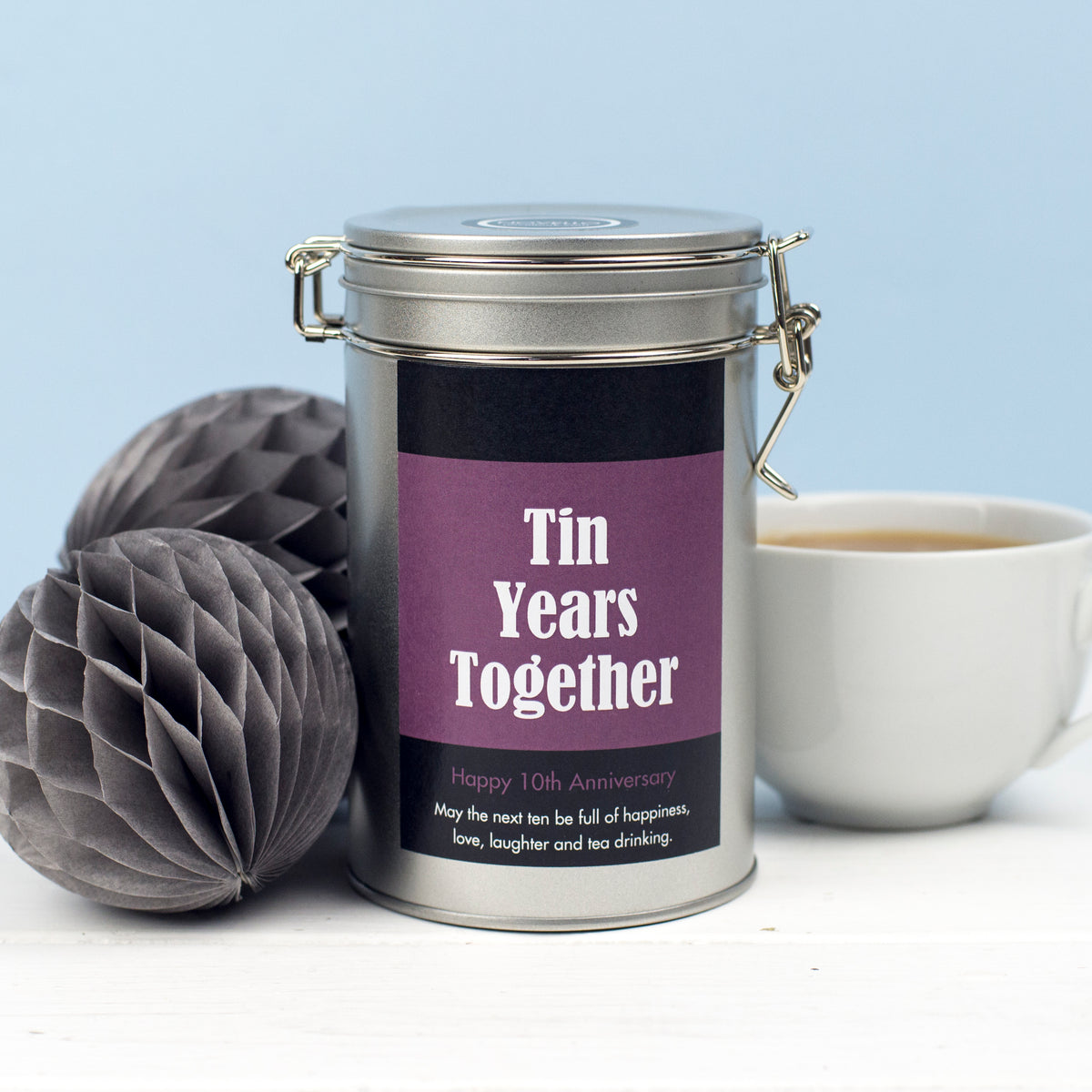 Personalised 10th Anniversary Tea Gift In Tin